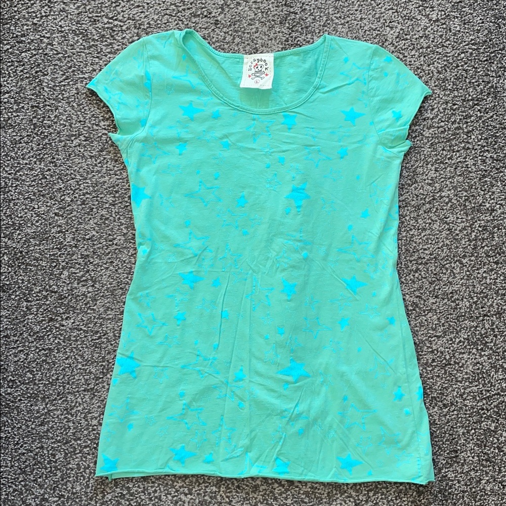 Scrapbook Y2K Junior’s Teal Star Short Sleeve Tee Tunic Length Size Large